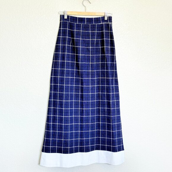 Vintage Handmade Preppy Nautical Wool Navy Blue Plaid Maxi Skirt Size S - Picture 7 of 13